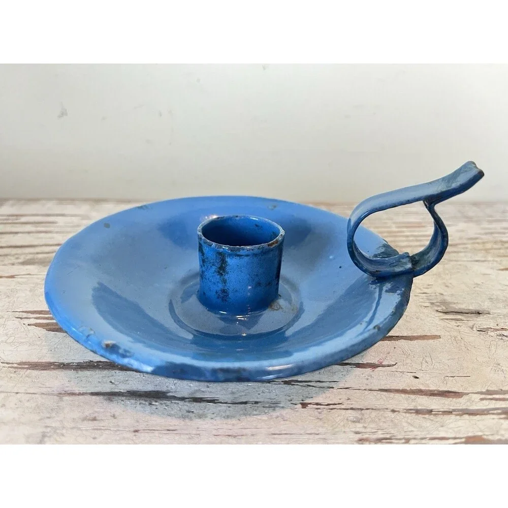 Vintage Enamelware French Farmhouse Candleholder Robin’s Egg Blue + Finger Loop